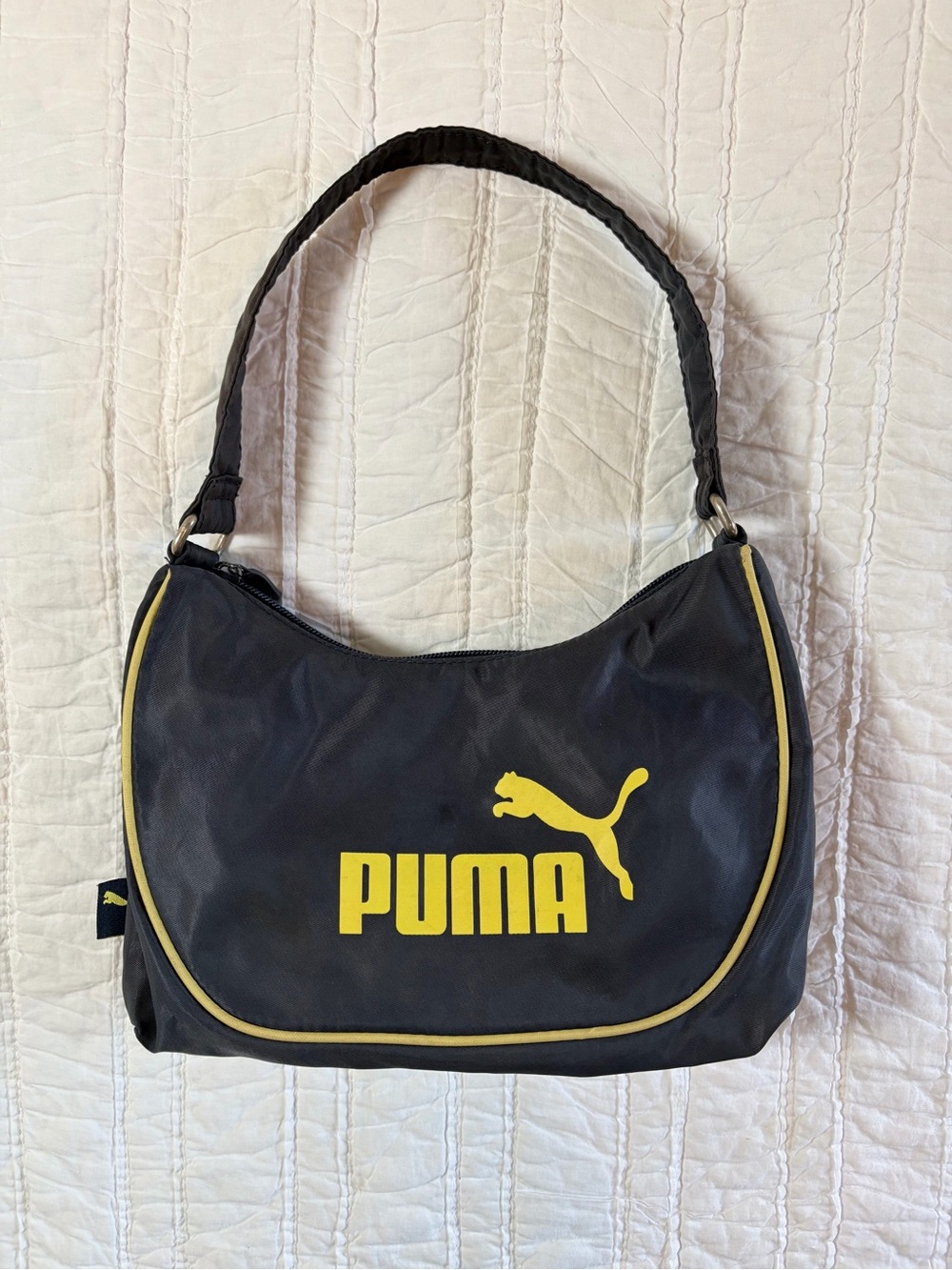 Vintage Y2K PUMA Navy Blue Nylon Mini Shoulder Bag Yellow Piping
